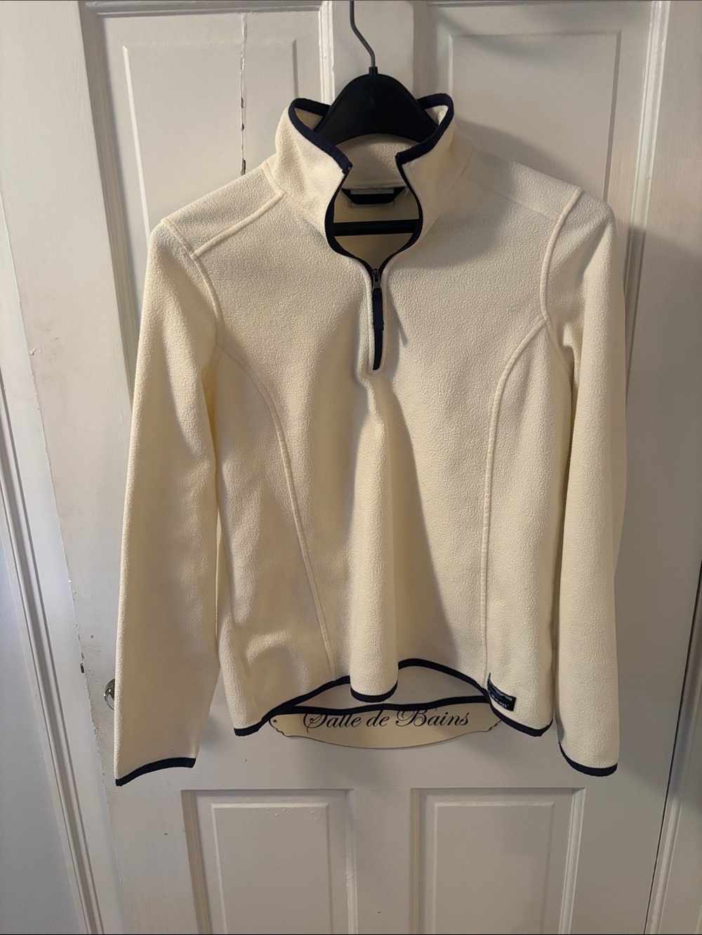 L.L. Bean Cream Teddy Quarter-Zip with Navy Trim